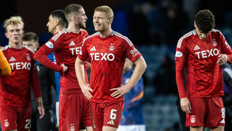 GLASGOW, SCOTLAND - JANUARY 15: Aberdeen's Sivert Heltne Nilsen looks dejected at full time during a William Hill Premiership match between Rangers and Aberdeen at Ibrox Stadium, on January 15, 2025, in Glasgow, Scotland.   (Photo by Alan Harvey / SNS Group)