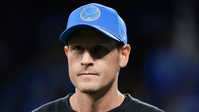 Detroit Lions offensive coordinator Ben Johnson watches during warmups before an NFL football divisional playoff game against the Washington  Commanders, Saturday, Jan. 18, 2025, in Detroit. (AP Photo/Rey Del Rio)