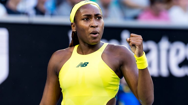 MELBOURNE, VIC - JANUARY 17: Coco Gauff of the United States of America celebrates during Round 3 of the 2025 Australian Open on January 17 2025, at Melbourne Park in Melbourne, Australia. (Photo by Jason Heidrich/Icon Sportswire) (Icon Sportswire via AP Images)