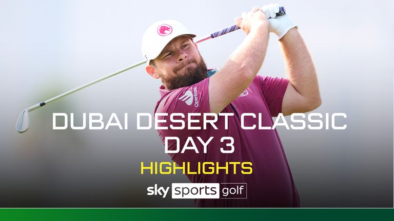 DUBAI, UNITED ARAB EMIRATES - JANUARY 18: Tyrrell Hatton of England plays his second shot on the 13th hole during the third round of the Hero Dubai Desert Classic at Emirates Golf Club on January 18, 2025 in Dubai, United Arab Emirates. (