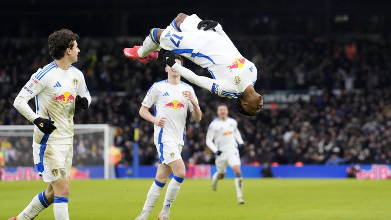 Leeds United's Largie Ramazani (right) celebrates after scoring his side second goal 